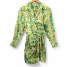Zara Mini Dress Satin Wrap Size XS / UK 6 Yellow & Green Botanical - Preloved