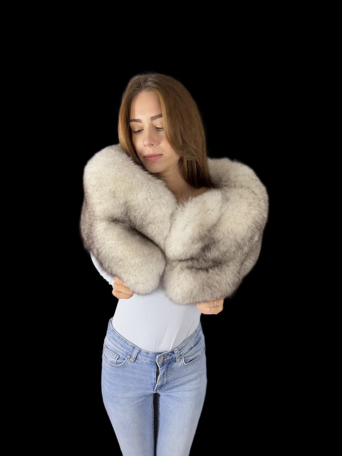 Fox Fur Shawl 47" (120cm) Saga Furs Stole White Fur Scarf Extra Wide Fur Wrap