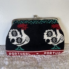 Vintage Women’s Cloth Black W/ Red  Rooster Themed Wallet from Portugal.
