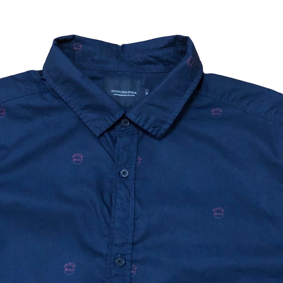 “Scotch & Soda”クリンクルバックエンブロイダリーシャツNavy Scotch and Soda Mens Medium Button Down Shirt Cotton Navy