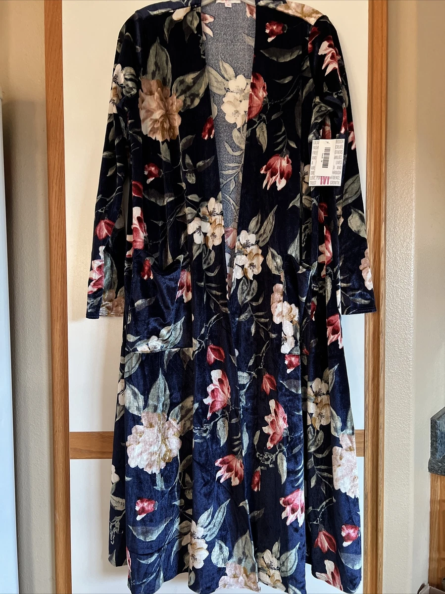 NWT Medium M LULAROE BLUE CRUSHED VELVET SARAH CARDIGAN FLORAL NAVY  Beautiful