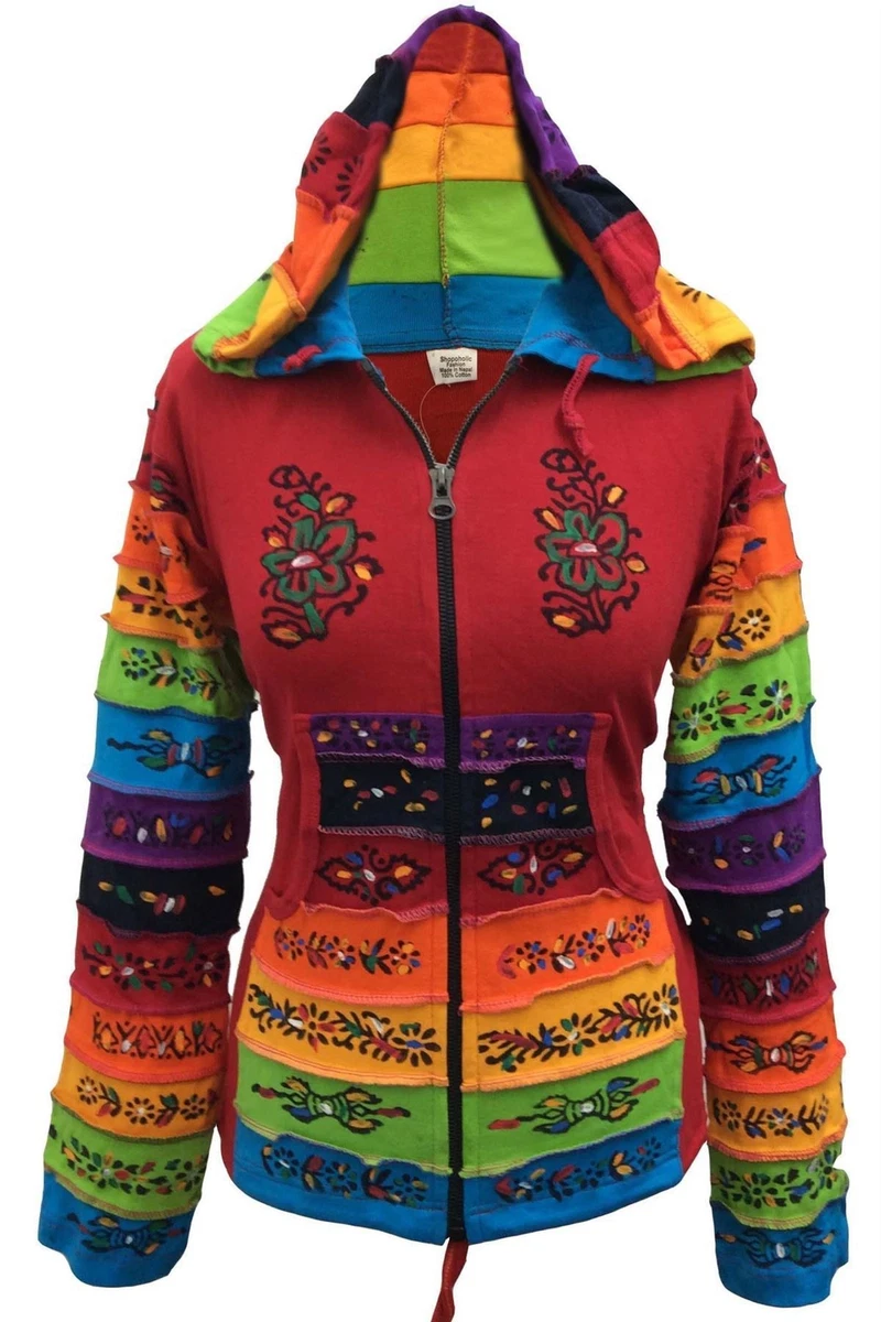 Women Rainbow Sleeved Flower Patch Hippie Hoodie Pixie Festival Jacket