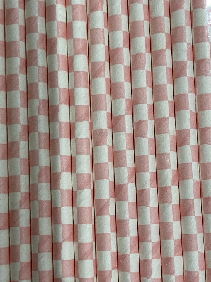 Lot Of 150 Paper Straws Pink/grey With White Check Foto 2 de 3