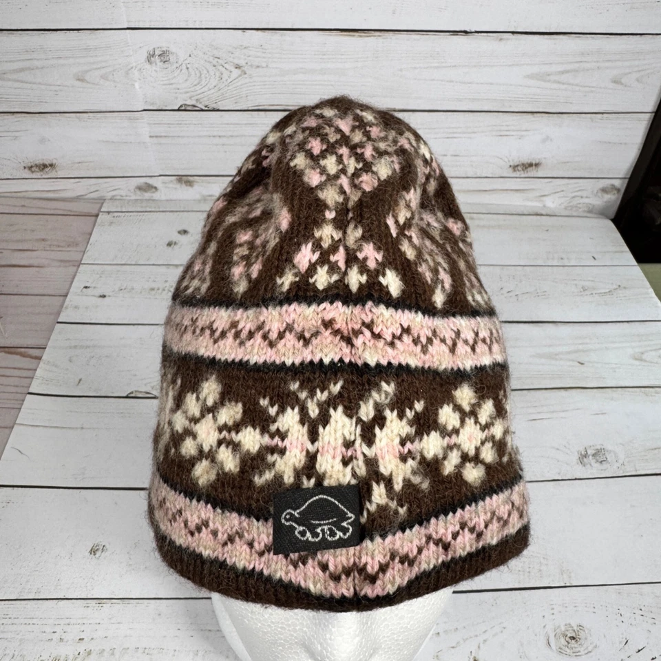 Chapéu de lã pele de tartaruga rosa marrom malha floco de neve ilha justa borla gorro inverno - Imagem 2 de 4