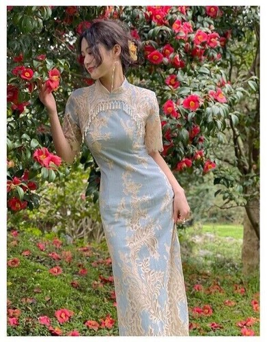 Vintage Sweet Lace Pearl CheongsamDress Traditional Floral Embroidery QipaoDress - Picture 12 of 13
