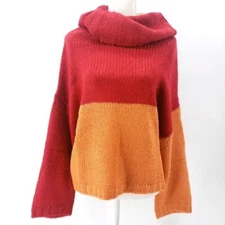 PEPALOVES NWT Colorblock Sweater Turtleneck Chunky Knit Red Orange S M