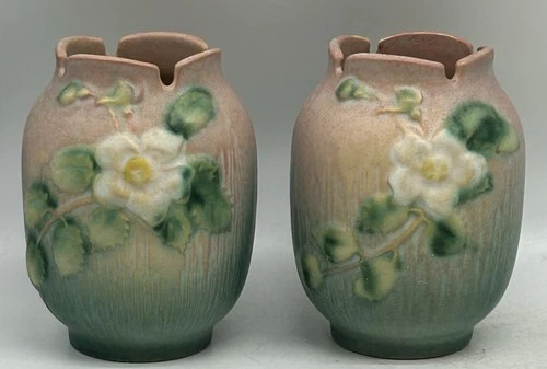 Roseville White Rose Pottery Vases, Pair, 978-4