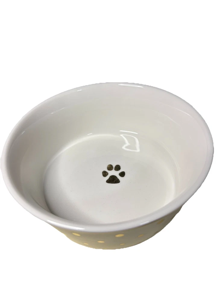 3 Fido's Diner Gold Polka Dot Trim & Paw Print Porcelain Stoneware Pet Bowls - Image 2 of 4