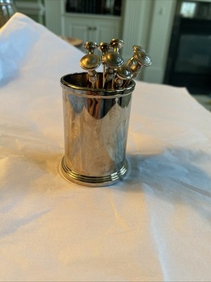 RARE HTF VINTAGE RESTORATION HARDWARE SILVERPLATE COCKTAIL PICKS AND HOLDER
