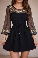 Black Mesh Floral Embroidered Sheer Drawstring Scoop Neck Short Dress