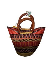Handwoven Ghana Bolga Basket Fair Trade Market Tote 11x11 Goat Skin Handles