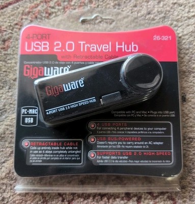 Gigaware -  26-321 - 4-port USB 2.0 Travel Hub Retractable Cable - PC/MAC/USB