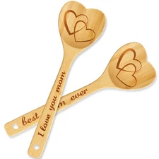 Soaoo 2 Pcs Mother's Day Spoons Bamboo Wooden Best Mom Gift I Love You Mom Co...