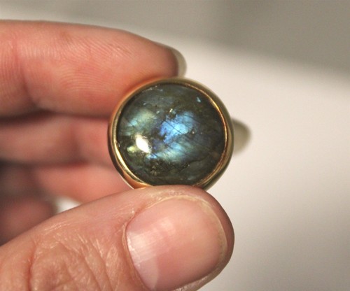 Large Pair 14K Yellow Gold TAMBETTI Designer Labradorite Cabochon Stud Earrings - Picture 3 of 8