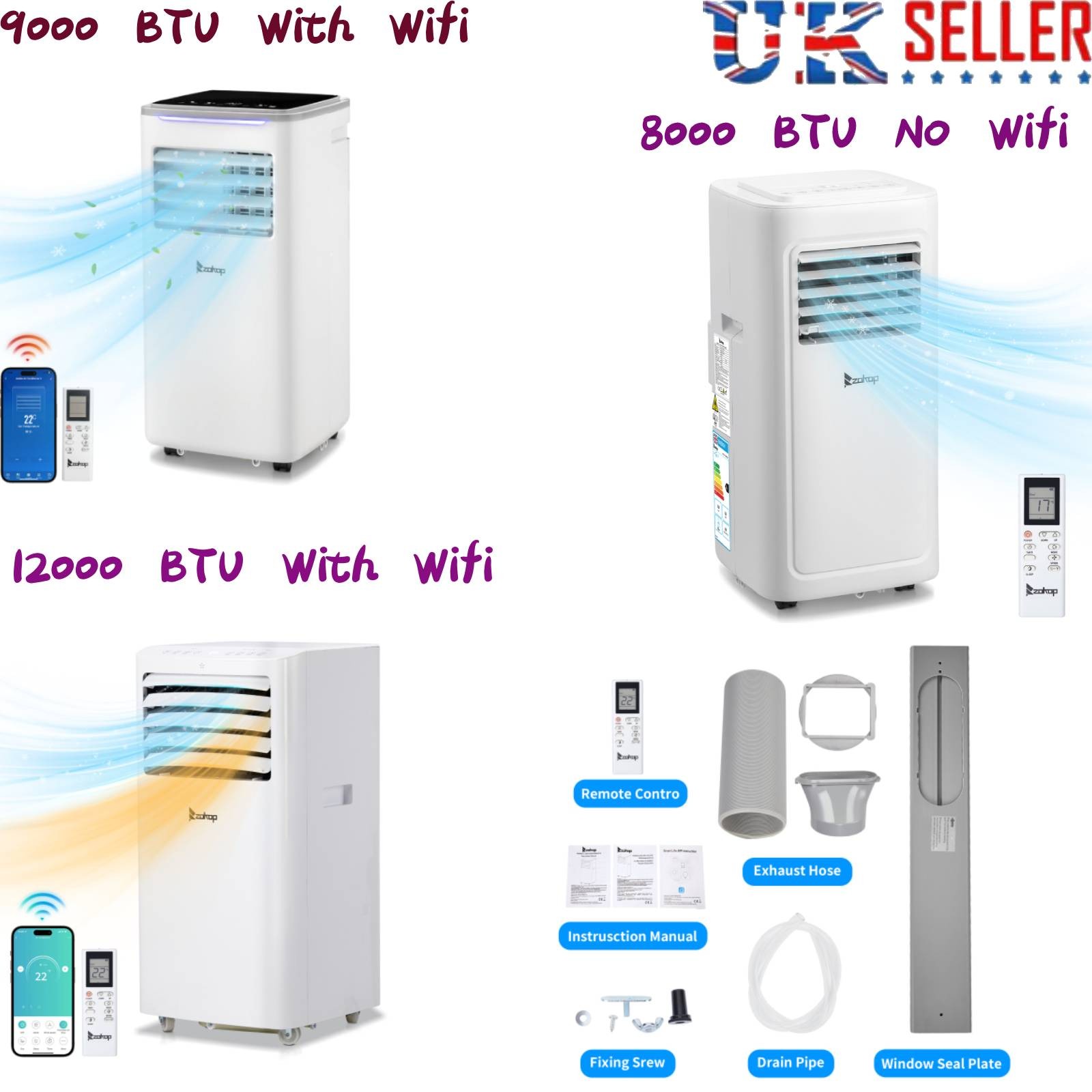8000-12000 BTU Mobile Air Conditioner Portable AC Unit w/ RC, With Sleep...