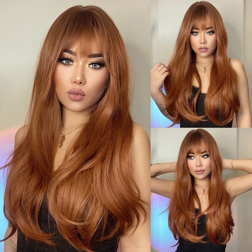 Auburn Wigs with Bangs Synthetic Women's Wig Long Wavy Layered Heat-Resistant...