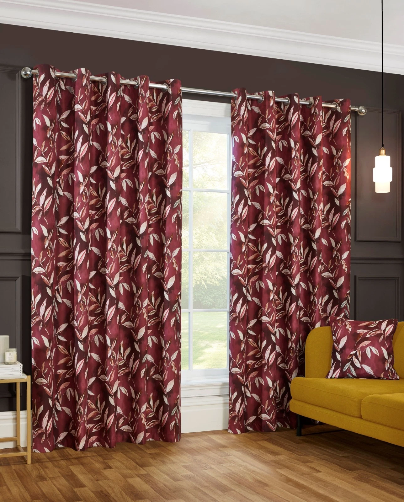 Madrid 3 Pass Blackout Eyelet Lined Curtains Floral Leaf Design in Wine