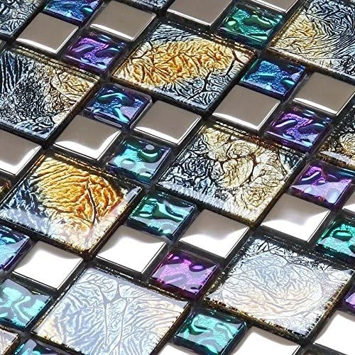 Mosaico de vidro azulejo iridescente azul, roxo e dourado texturizado cromado parede metálica... - Imagem 2 de 4