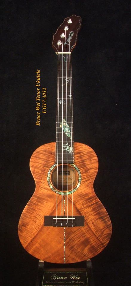 Bruce Wei Handmade Solid Curly Hawaiian Koa Tenor Ukulele, TAIWAN Map, UG17-3032 - Image 4 of 4