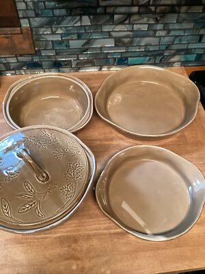 Set of 4 - Rachel Ray Brown Leaves Stoneware Casserole & Baking Pans Crock Plate