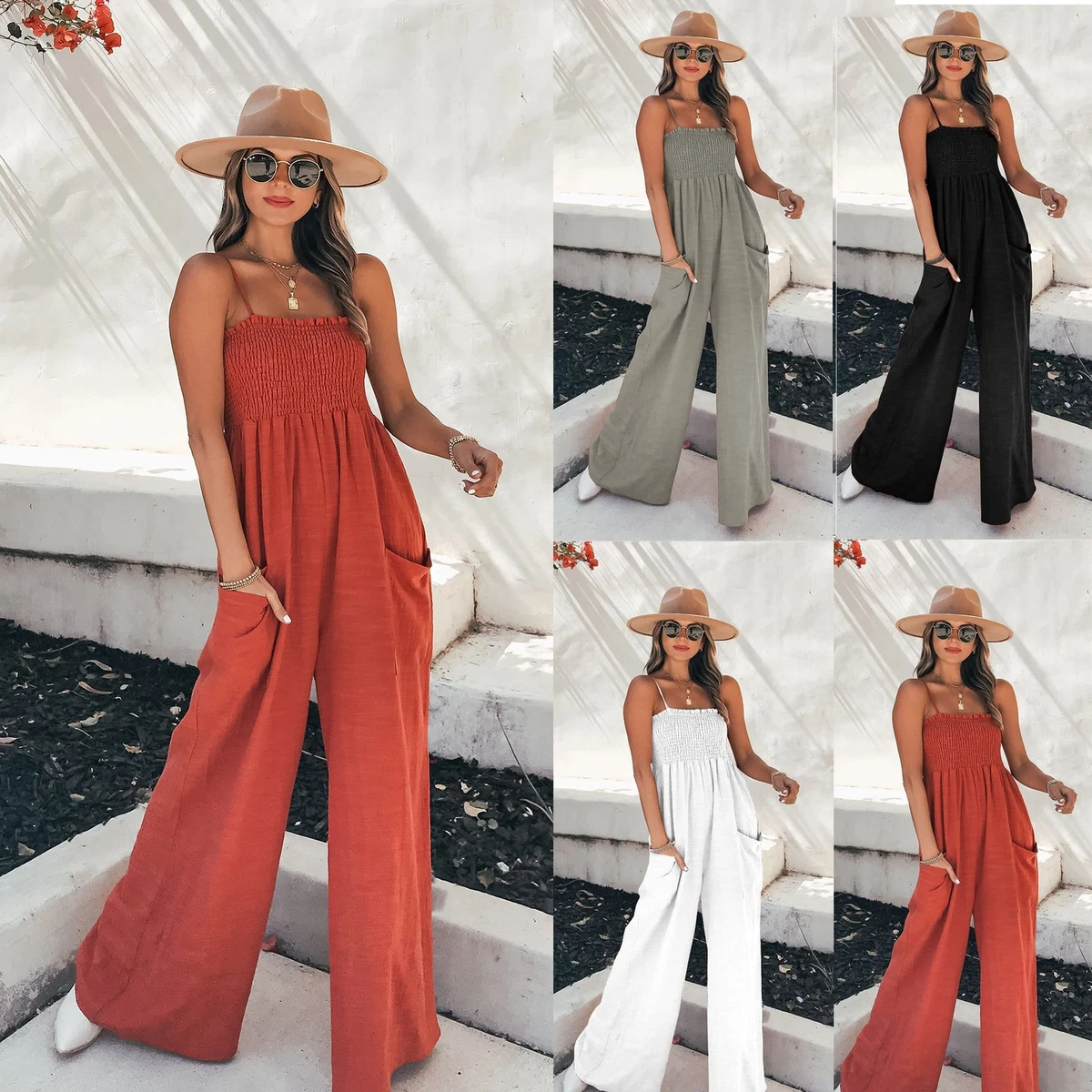 Trousers Wide Leg Pockets Playsuits loose Summer Womens Jumpsuits Ladies  Casual