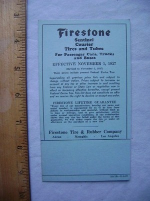 1937 Firestone Sentinel Courier Tires and Tubes Price List Card