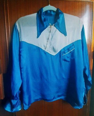1940er VINTAGE BLAU-WEISSES SATINHEMD ZWEIFARBIG GAUCHO SOUVENIR JAPANISCH