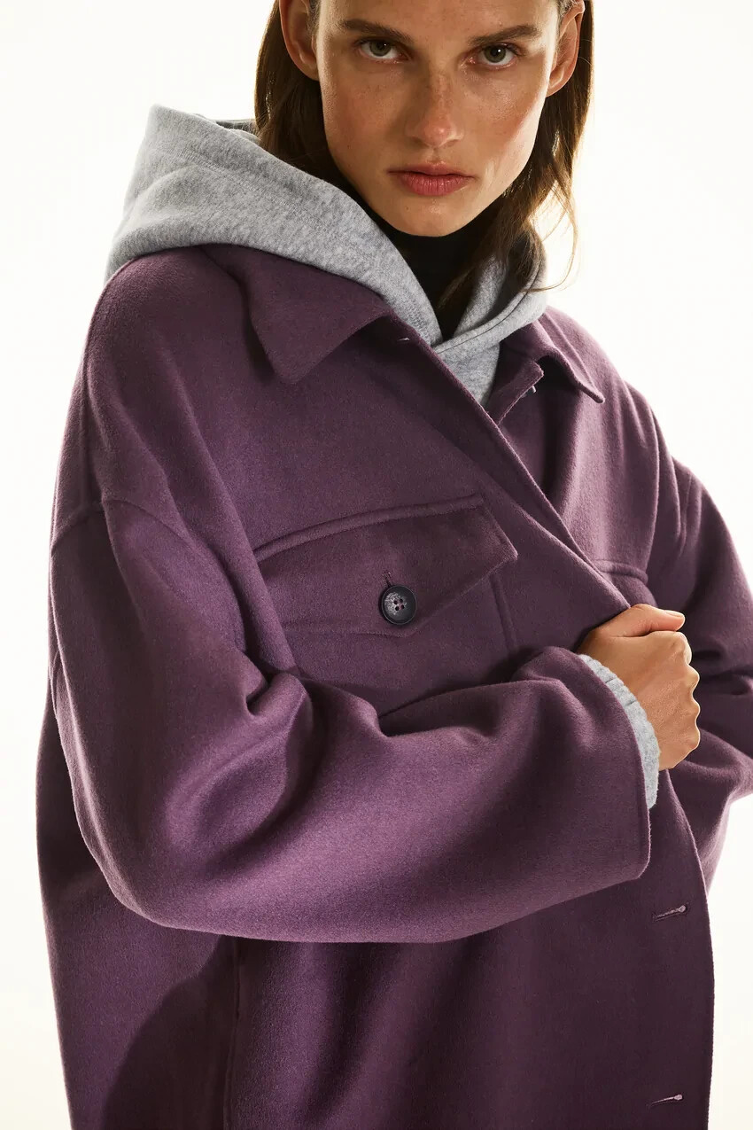 NUEVO CON ETIQUETAS: Sobrecamisa larga de mezcla de lana de gran tamaño ABRIGO DE ZARA: PEQUEÑO: COLOR: BERENJENA