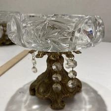 Compote Ashtray Glass Ornate Brass Footed Pedestal w Crystals  FQ