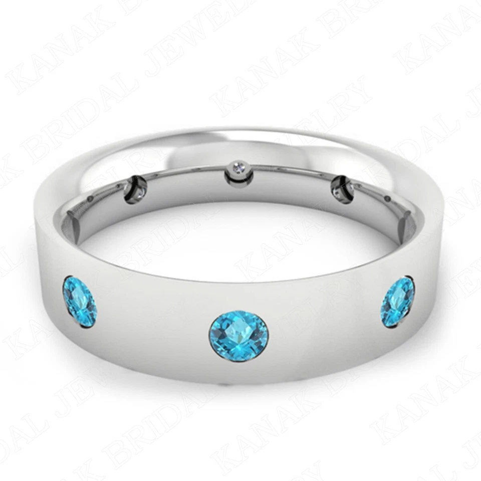 Alianza de boda de topacio azul con acabado mate redondo de 4 quilates para hombre enchapada en oro blanco de 14 quilates Foto 2 de 4