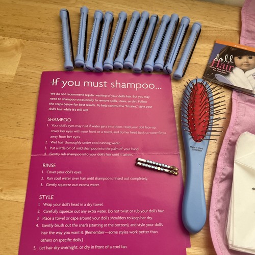 American Girl Hair Care Kit Salon Cape Spray Bottle Hairbrush Curler Hairpin New - Picture 2 of 5