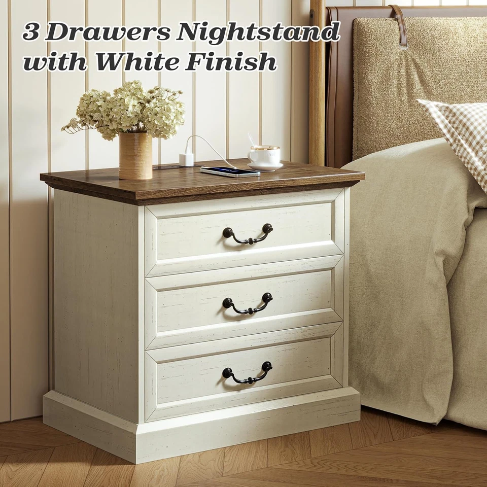 Mesita de noche con estación de carga, mesita de noche de 3 cajones, mesa auxiliar de 22 pulgadas más ancha Foto 3 de 4