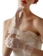 Short Lace Mesh Gloves Tulle Border with Pearls Wedding Opera Tea Party Glove...