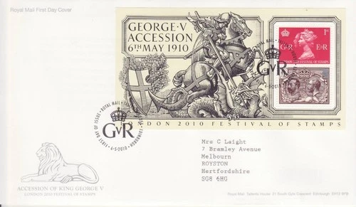 GB Stamps First Day Cover George V Accession Centenary MS, dragon saint SHS 2010