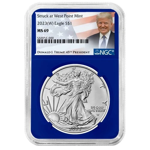 2023 (W) $1 American Silver Eagle NGC MS69 Trump Label Blue Core