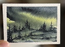 ACEO Northern Lights, Night Watercolor Lake Landscape Painting By Sasha Lehto