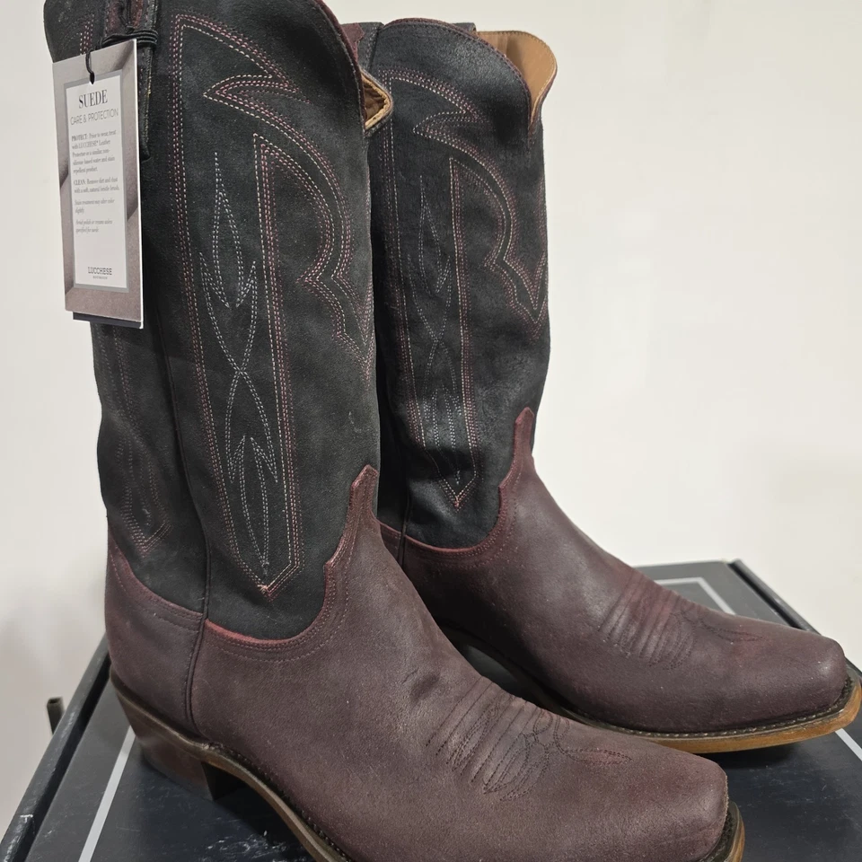 Lucchese Men's Brazos Western Boot. Wine Suede/Black Cowhide. 11 EE. M3433.74 - Photo 4/4