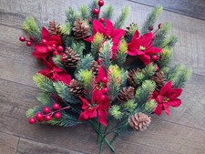 8PCS Artificial Flowers Bouquet Christmas Poinsettia Pine Cones Red Berry Stems