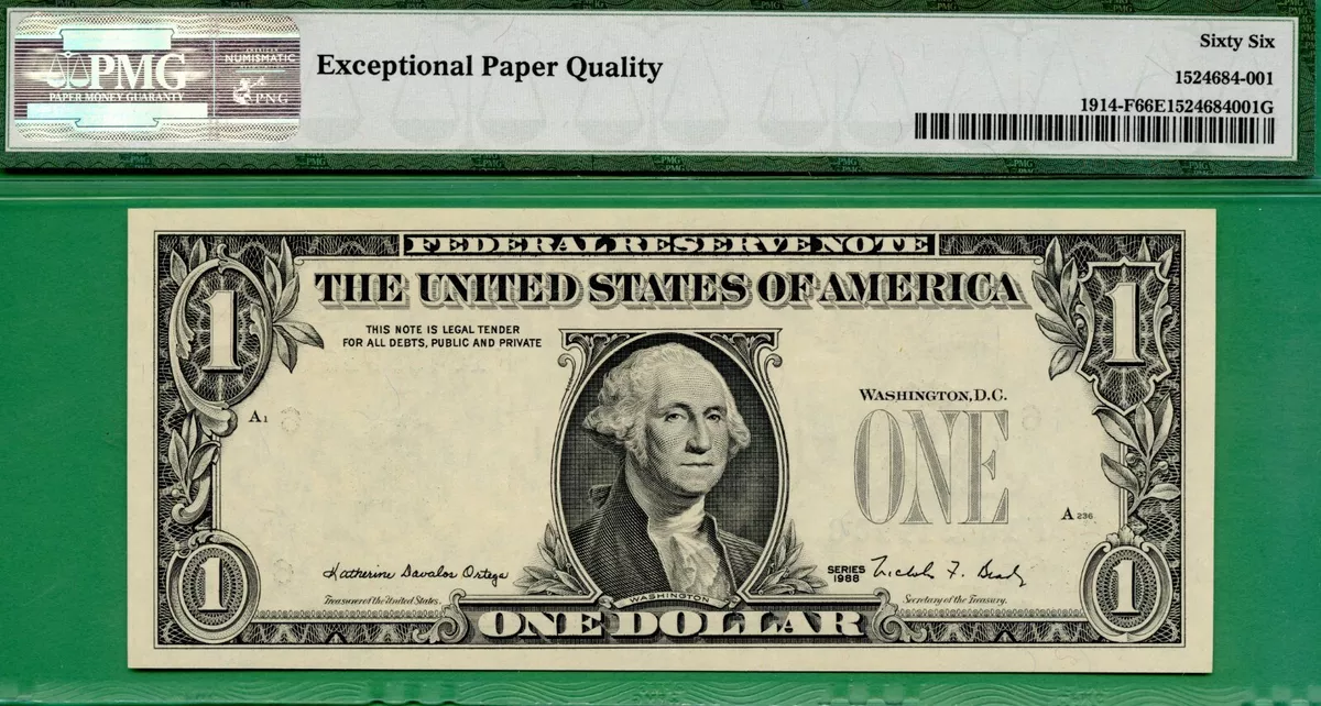 ERROR OVERPRINT ON BACK - 1988 $1 FRN - PMG GEM 66 EPQ - OVERPRINT ON BACK ERROR