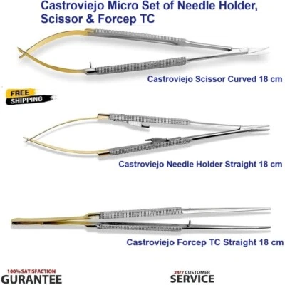 NTZ INSTRUMENTS T/C 3 Pcs Castroviejo Micro Surgery Scissors Needle Holder Suture Tying Forceps