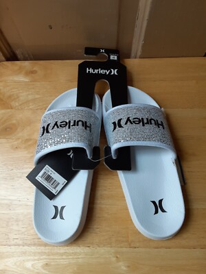 Hurley Girls Youth White Bling Naia Slides Size 4Y NEW WITH TAGS