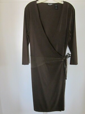 Women's B.C.B.G. Paris Dress Midi Brown  Wrap L/S V Neckline Poly Stretch Size L