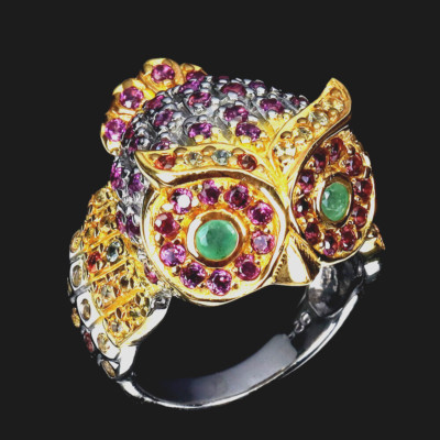 RHODOLITH SMARAGD & SAPHIR 2-TONE EULE RING 925 STERLING SILBER 14K WGP GR. 8