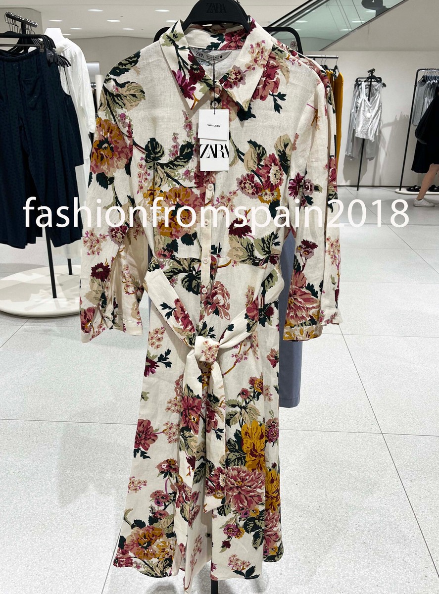 ZARA NEW WOMAN MIDI BELTED FLORAL ZW COLL 100% LINEN SHIRT