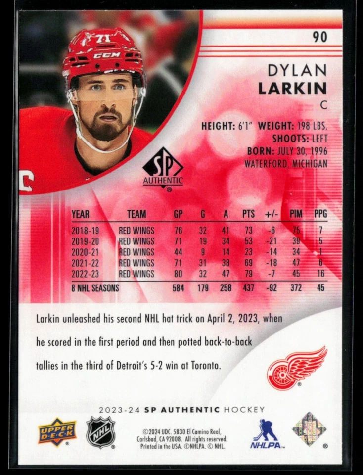 2023-24 SP Authentic Limited Red #90 Dylan Larkin - Image 2 of 2