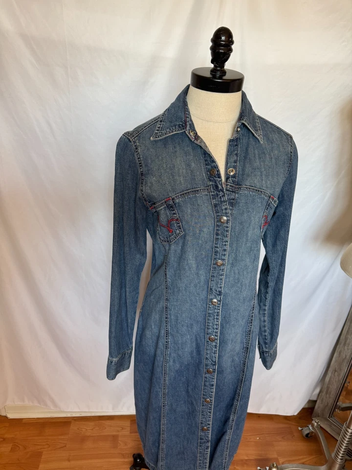 VTG Guess Western Denim Snap Front Midi Long Sleeve Dress M Stretchy Y2K - Image 3 of 4