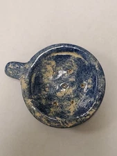 vintage hand made ceramic spatterware tea strainer, blue & white, 4" w/ handle