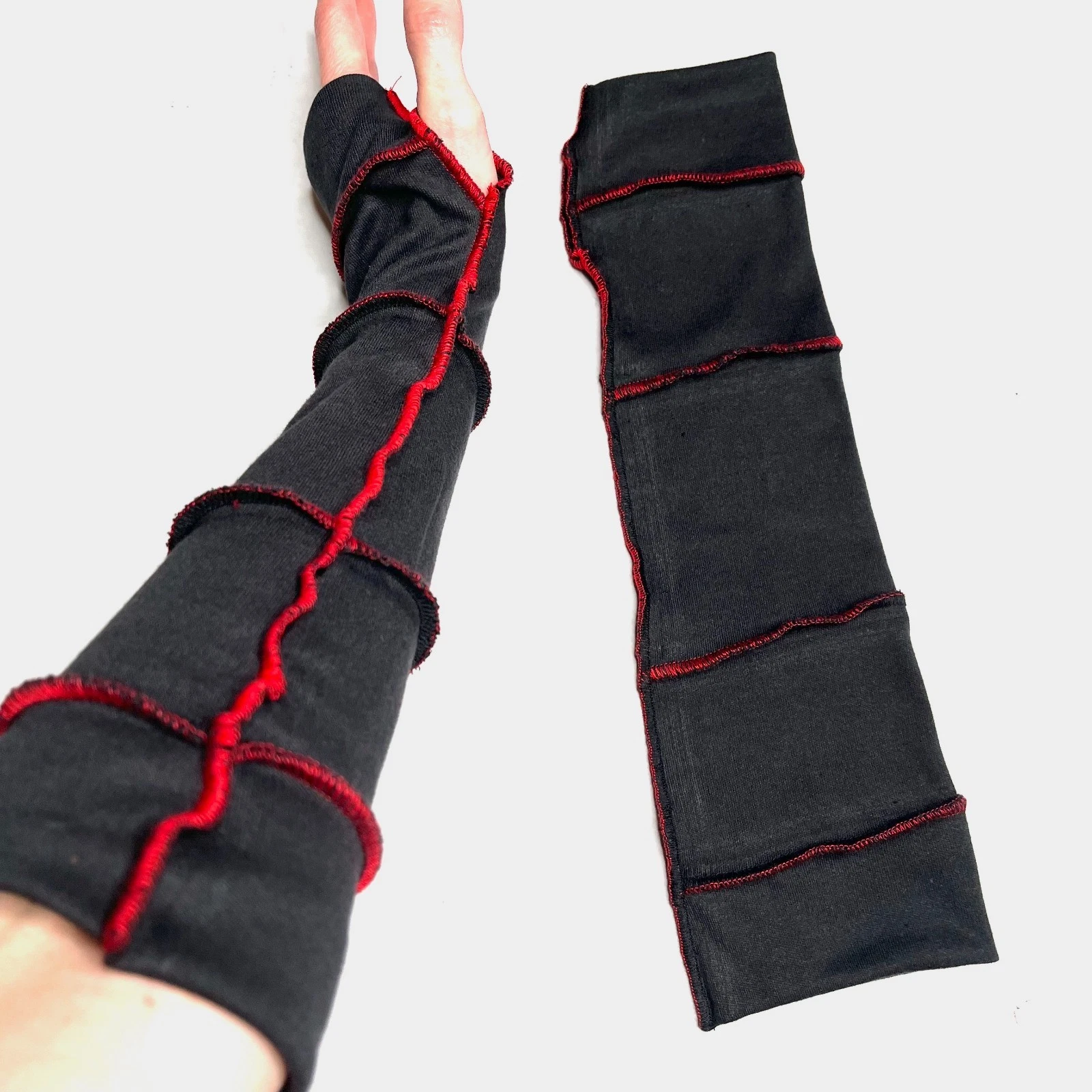Black Elbow Length Fingerless Gloves Red Arm Warmers Thumb Holes Goth Reversible