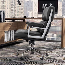 Mid Back Genuine Leather Office Executive Desk Chair with Thickened Backrest and