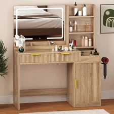 Fluted Vanity Desk Makeup Storage Vanity Table LED Mirror 2 Drawers 11 Shelves